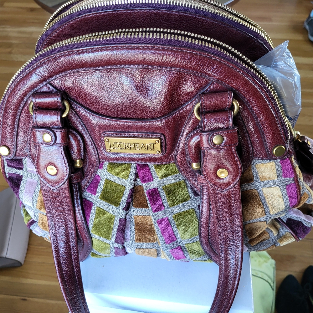 Women's Multi-Color Textured Satchel with Burgundy Leather Trim - Picture 4 of 5